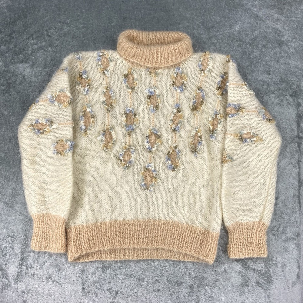 Vtg Roberta Lawson Sweater Womens S Cream Fuzzy Mohair Blend Shaggy Turtle Neck‎